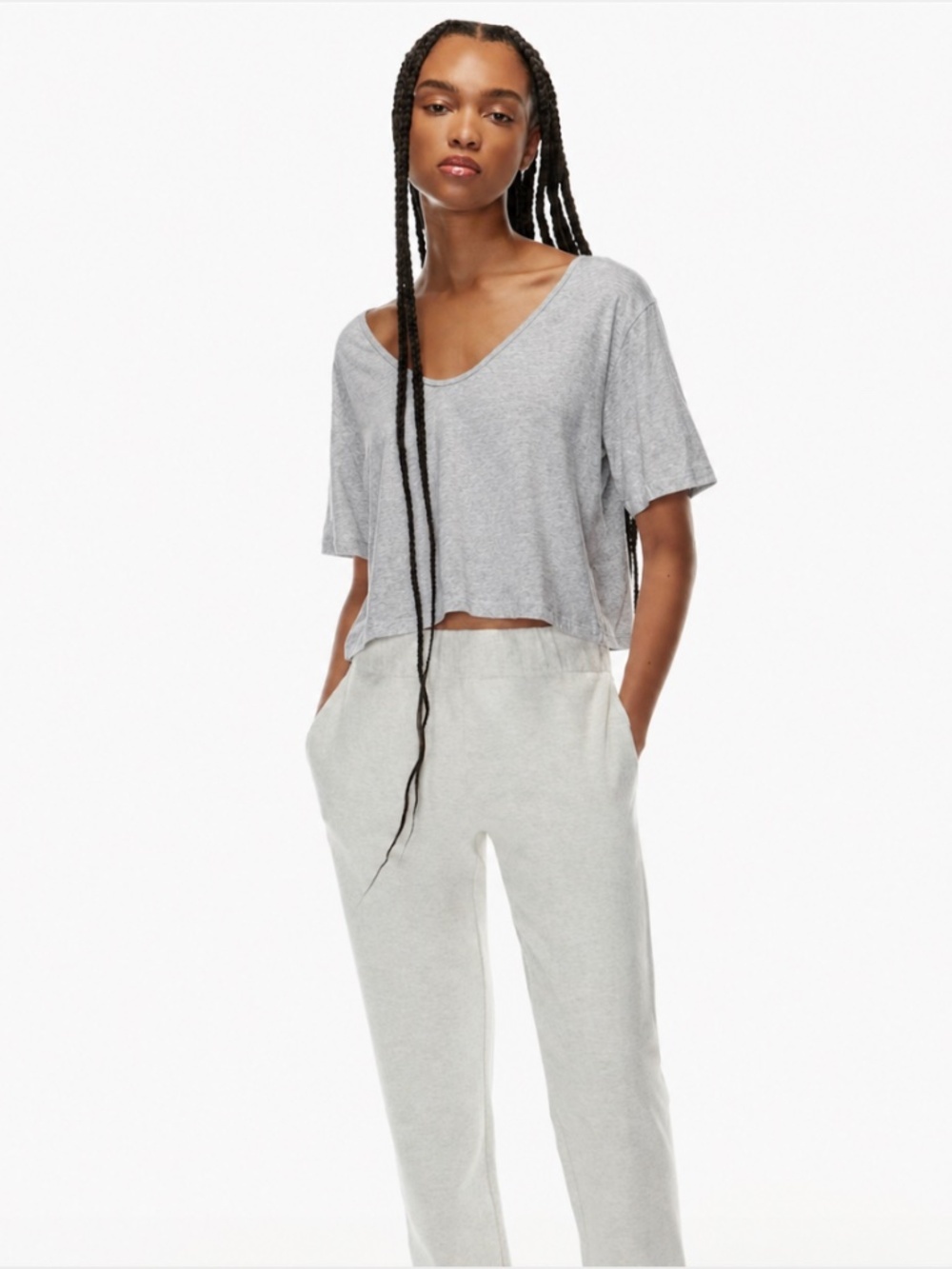 The Group Babaton Foundation V-Neck Cropped T-Shirt Heathered Grey Size Small